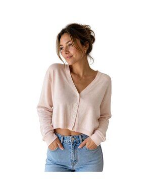 IZOD Y2K Cropped Cardigan Light Pink Button Front Sweater Sz M Soft Minimalist